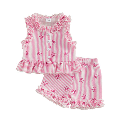 Cotton Pink Striped Ruffle Top & Shorts Set