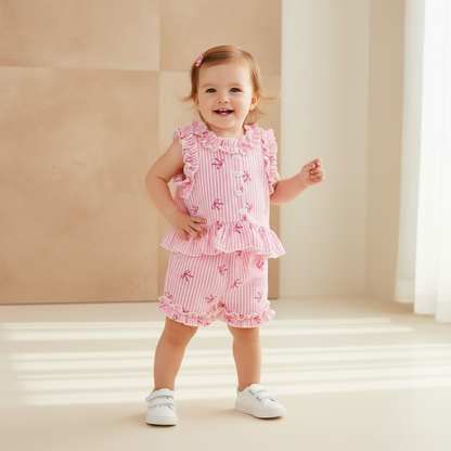 Cotton Pink Striped Ruffle Top & Shorts Set