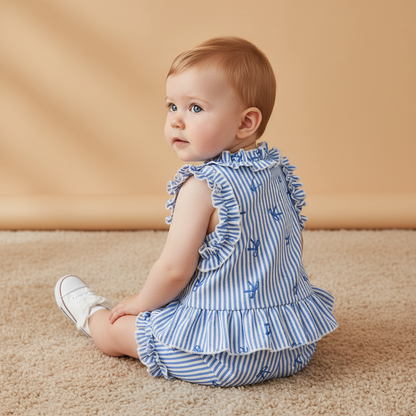 Cotton Pink Striped Ruffle Top & Shorts Set