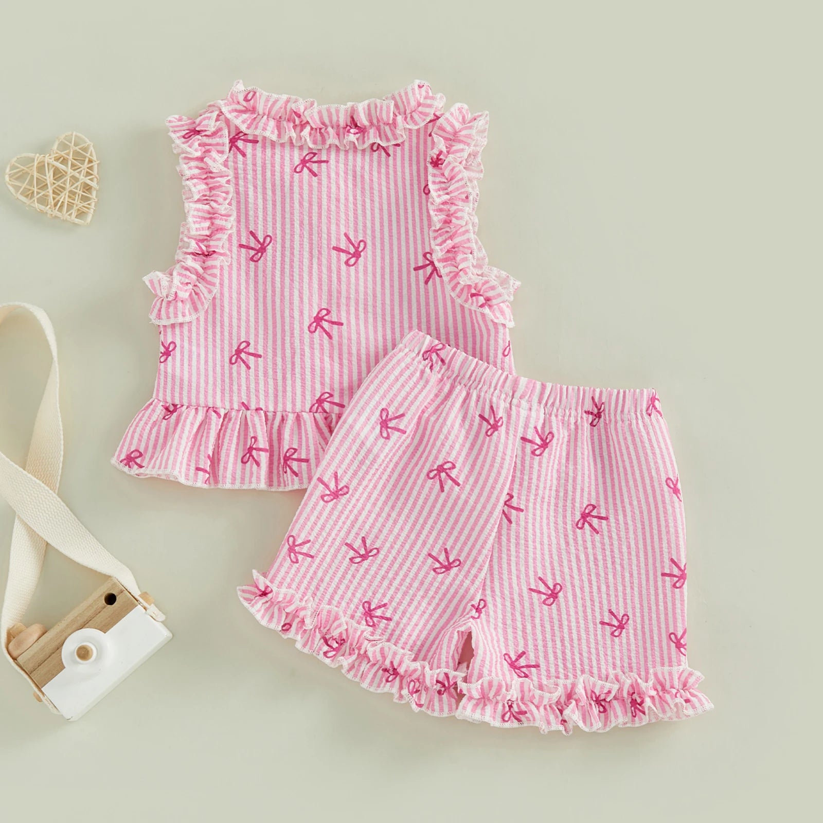 Cotton Pink Striped Ruffle Top & Shorts Set