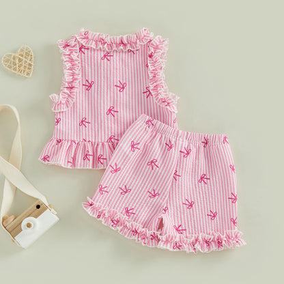 Cotton Pink Striped Ruffle Top & Shorts Set
