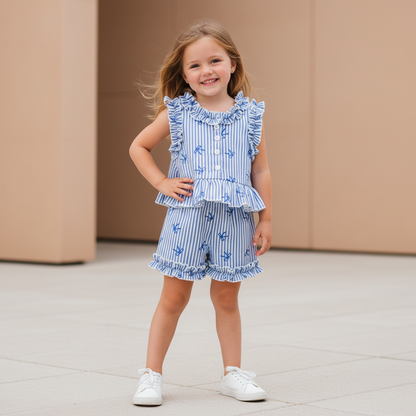 Cotton Pink Striped Ruffle Top & Shorts Set