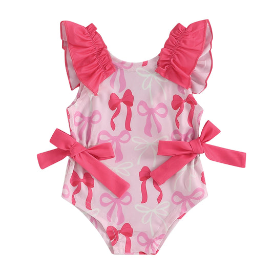 Pink Bow Print Ruffle Sleeve Swimsuit With Ties
