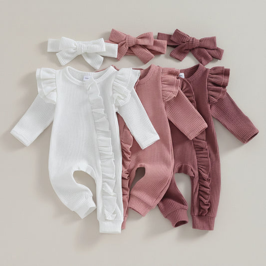 Ruffle Trim Ribbed Rompers & Bow Headbands Set
