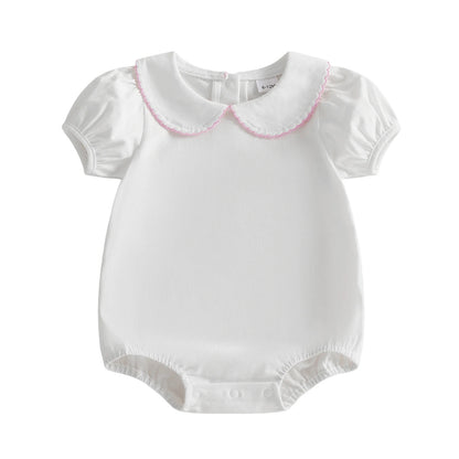 Cotton Puff Sleeve Romper With Scalloped Collar