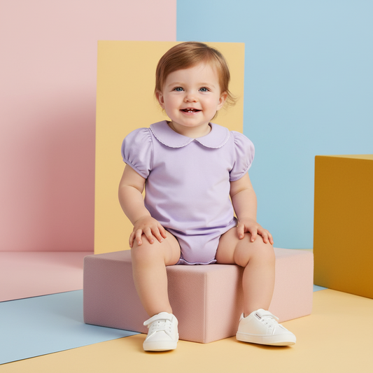 Cotton Puff Sleeve Romper With Scalloped Collar
