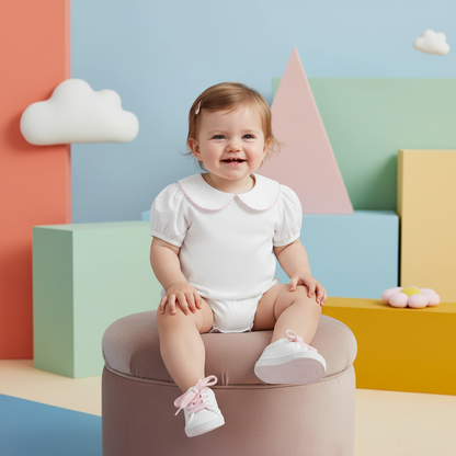 Cotton Puff Sleeve Romper With Scalloped Collar