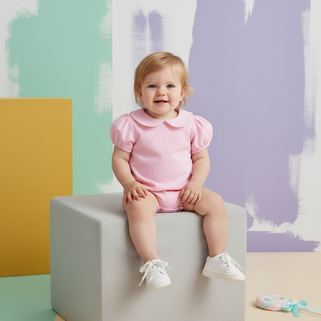 Cotton Puff Sleeve Romper With Scalloped Collar