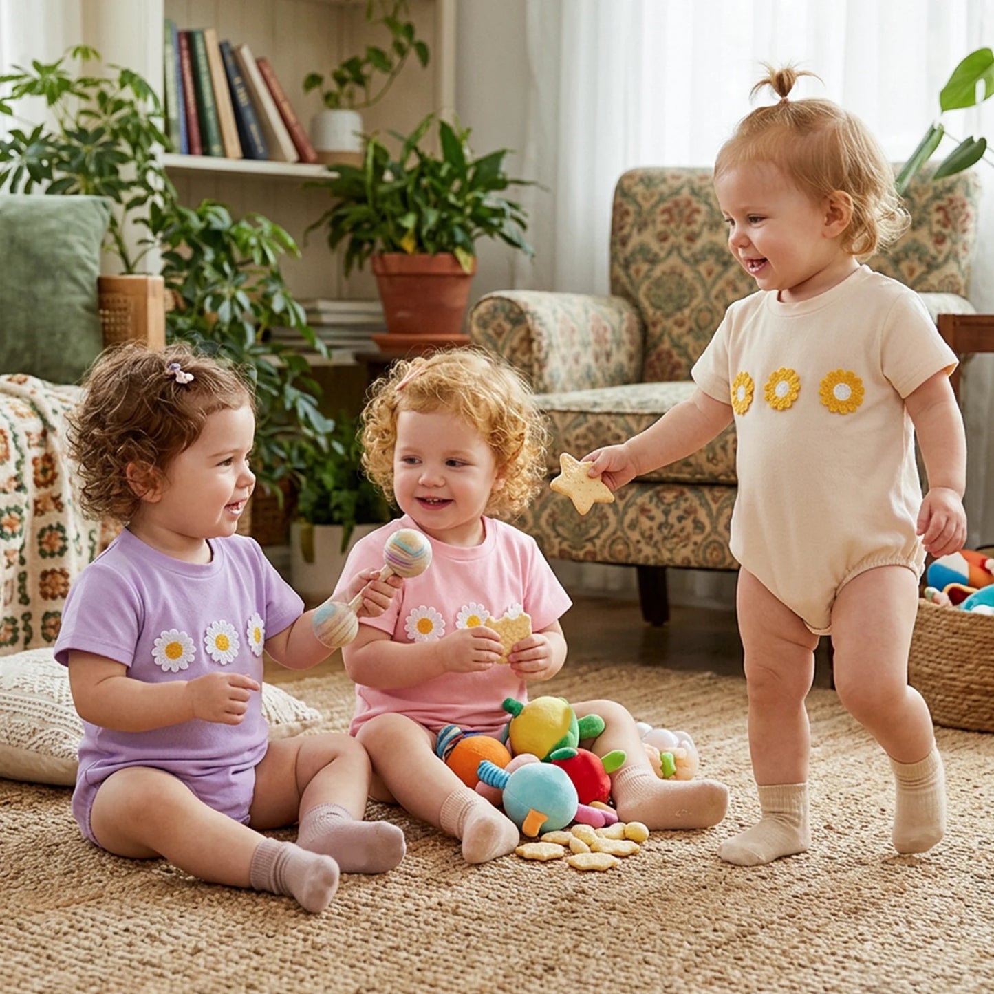 Cotton Daisy Embroidered Cotton Bodysuits In Pastel Colors