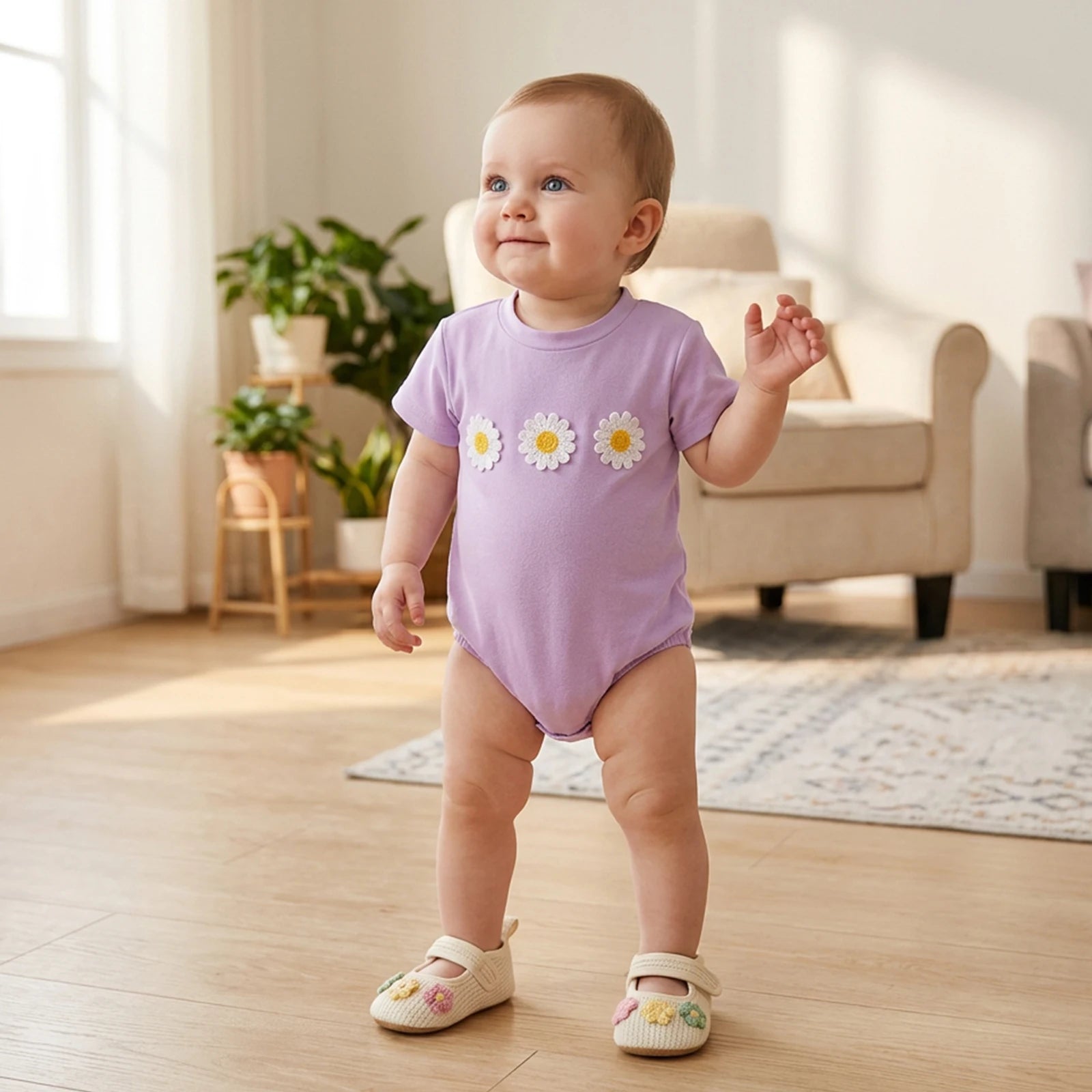 Cotton Daisy Embroidered Cotton Bodysuits In Pastel Colors
