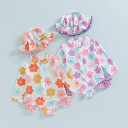 Floral Ruffle Swimwear Set With Matching Sun Hats