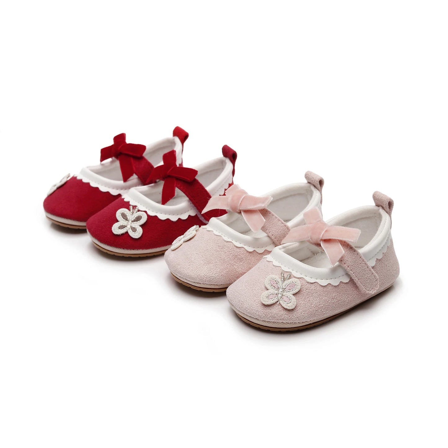 Velvet Bow Floral Appliqué Mary Jane Shoes Red & Pink