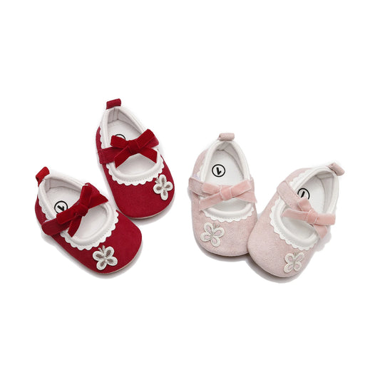 Velvet Bow Floral Appliqué Mary Jane Shoes Red & Pink