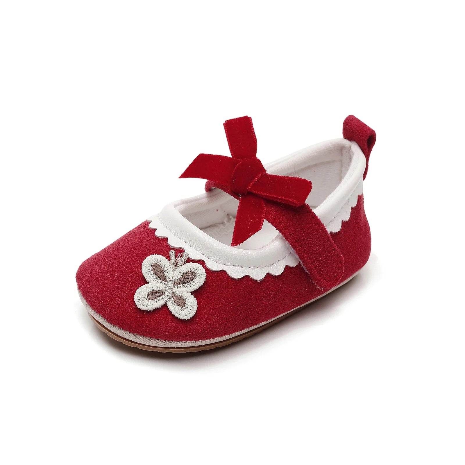 Velvet Bow Floral Appliqué Mary Jane Shoes Red & Pink