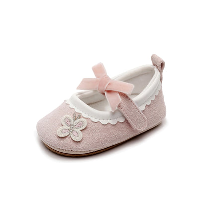 Velvet Bow Floral Appliqué Mary Jane Shoes Red & Pink