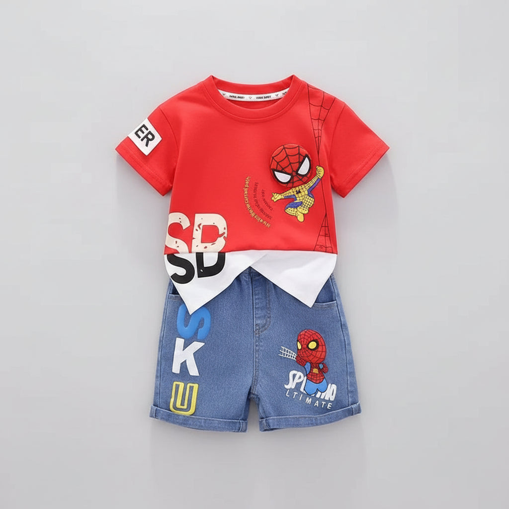 Spiderman Red Tee & Denim Shorts Set