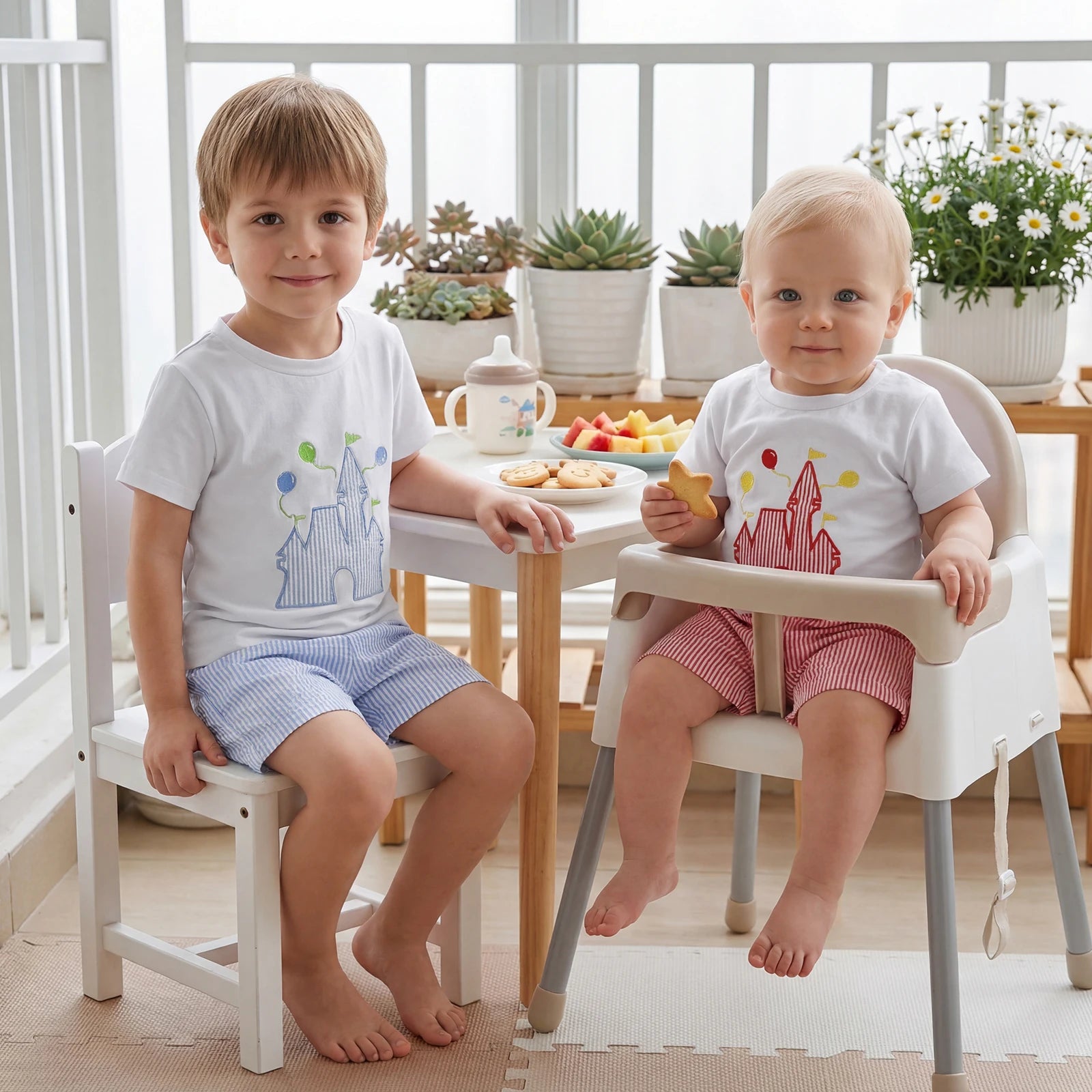 Castle Applique Tee & Striped Shorts Set Red Blue