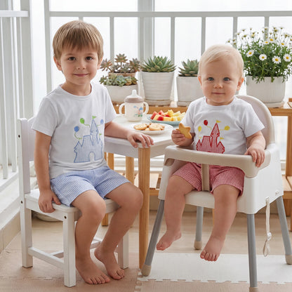 Castle Applique Tee & Striped Shorts Set Red Blue