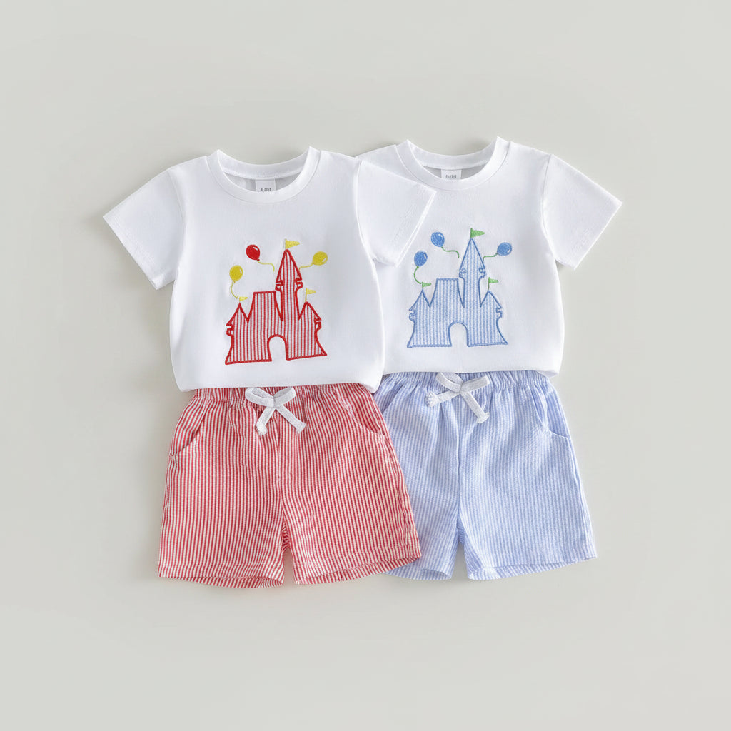 Castle Applique Tee & Striped Shorts Set Red Blue