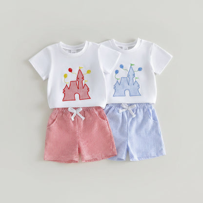 Castle Applique Tee & Striped Shorts Set Red Blue