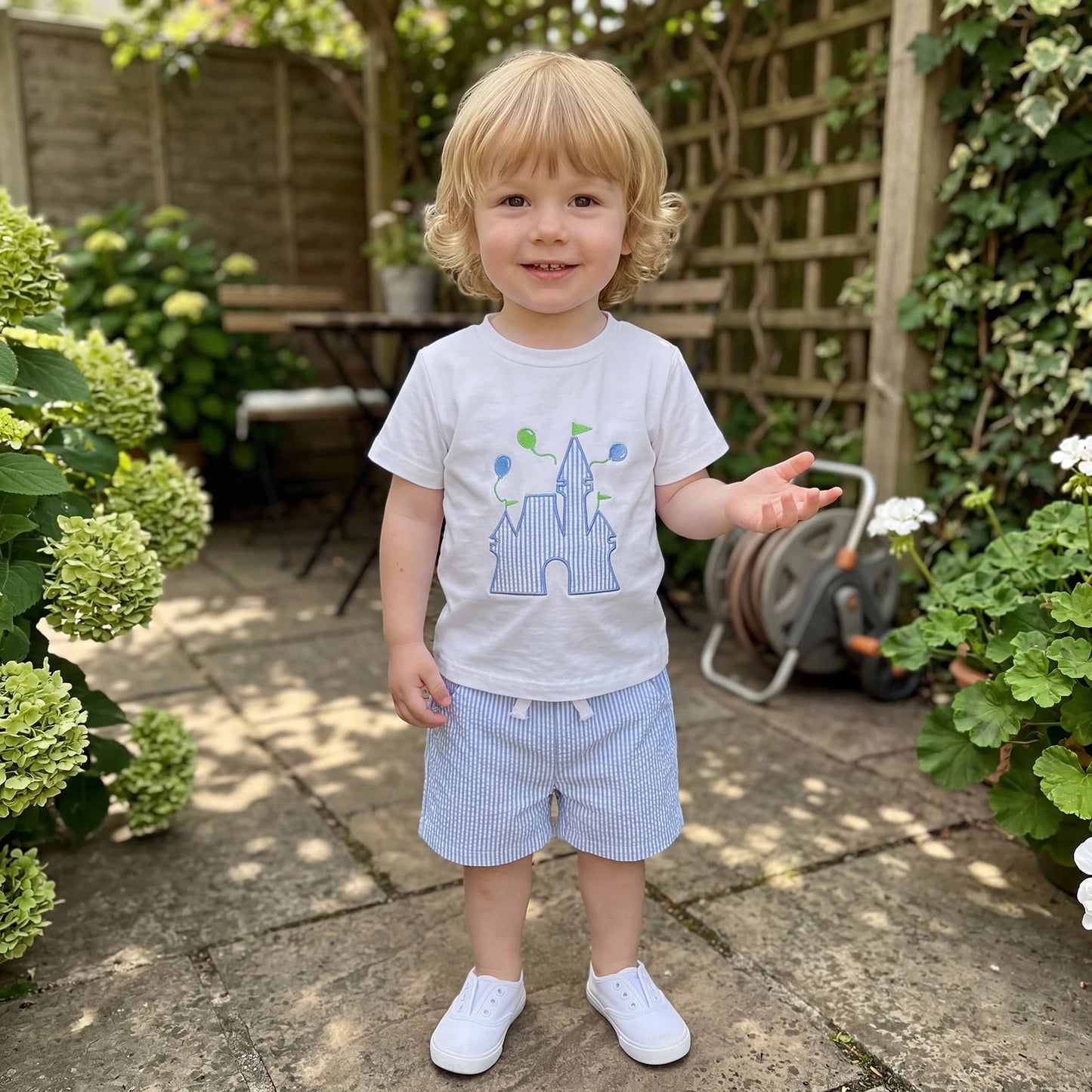 Castle Applique Tee & Striped Shorts Set Red Blue