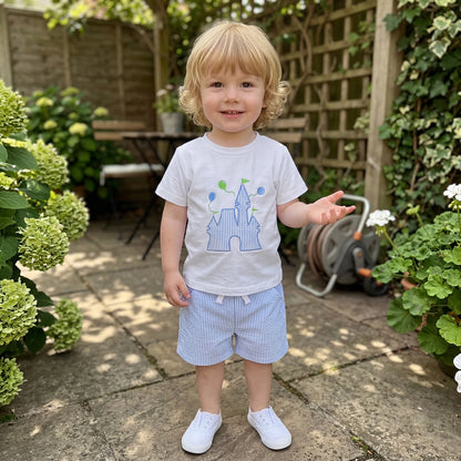 Castle Applique Tee & Striped Shorts Set Red Blue