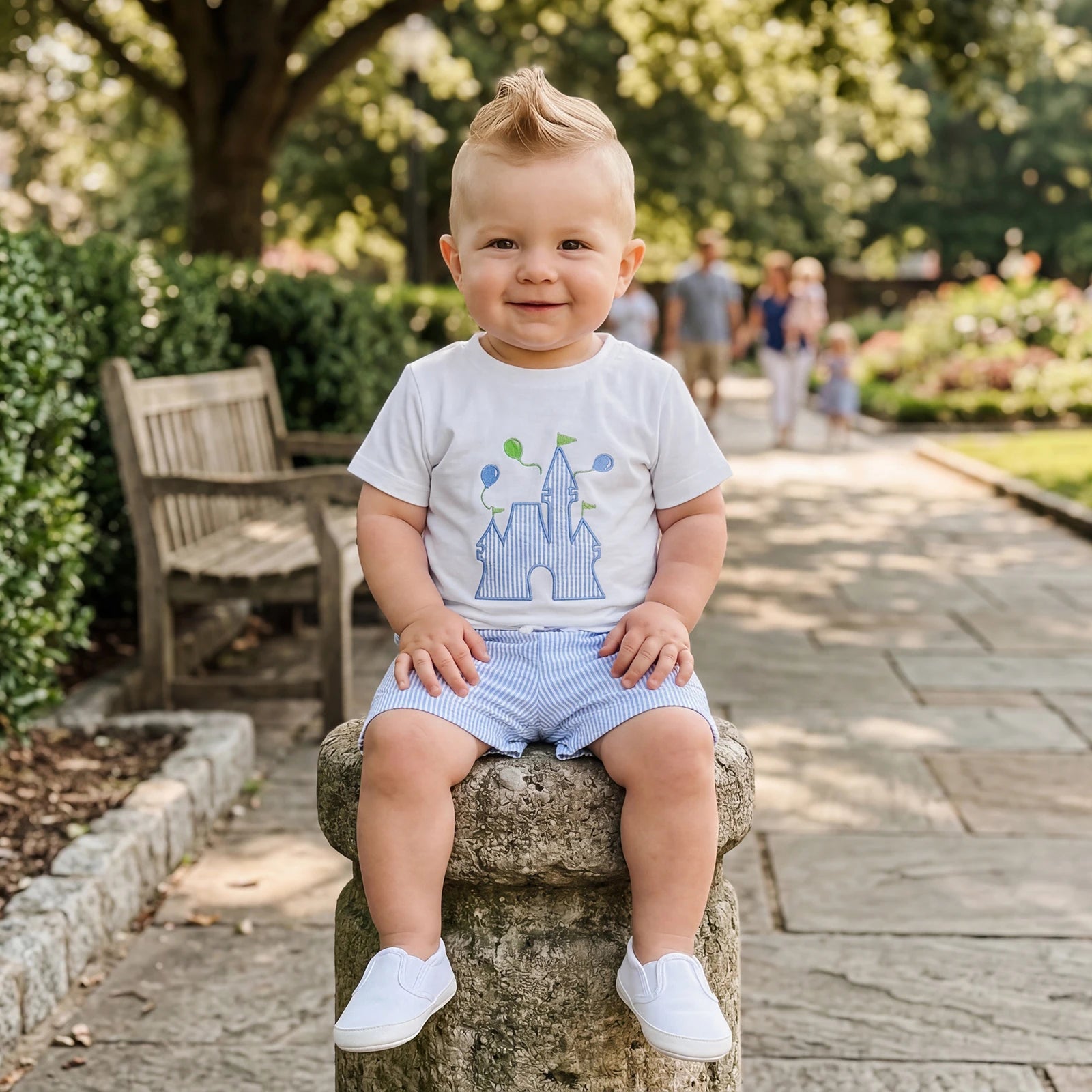Castle Applique Tee & Striped Shorts Set Red Blue