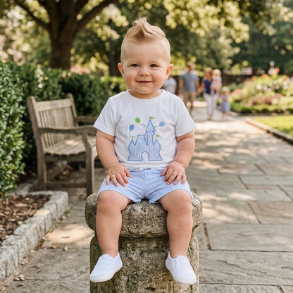 Castle Applique Tee & Striped Shorts Set Red Blue