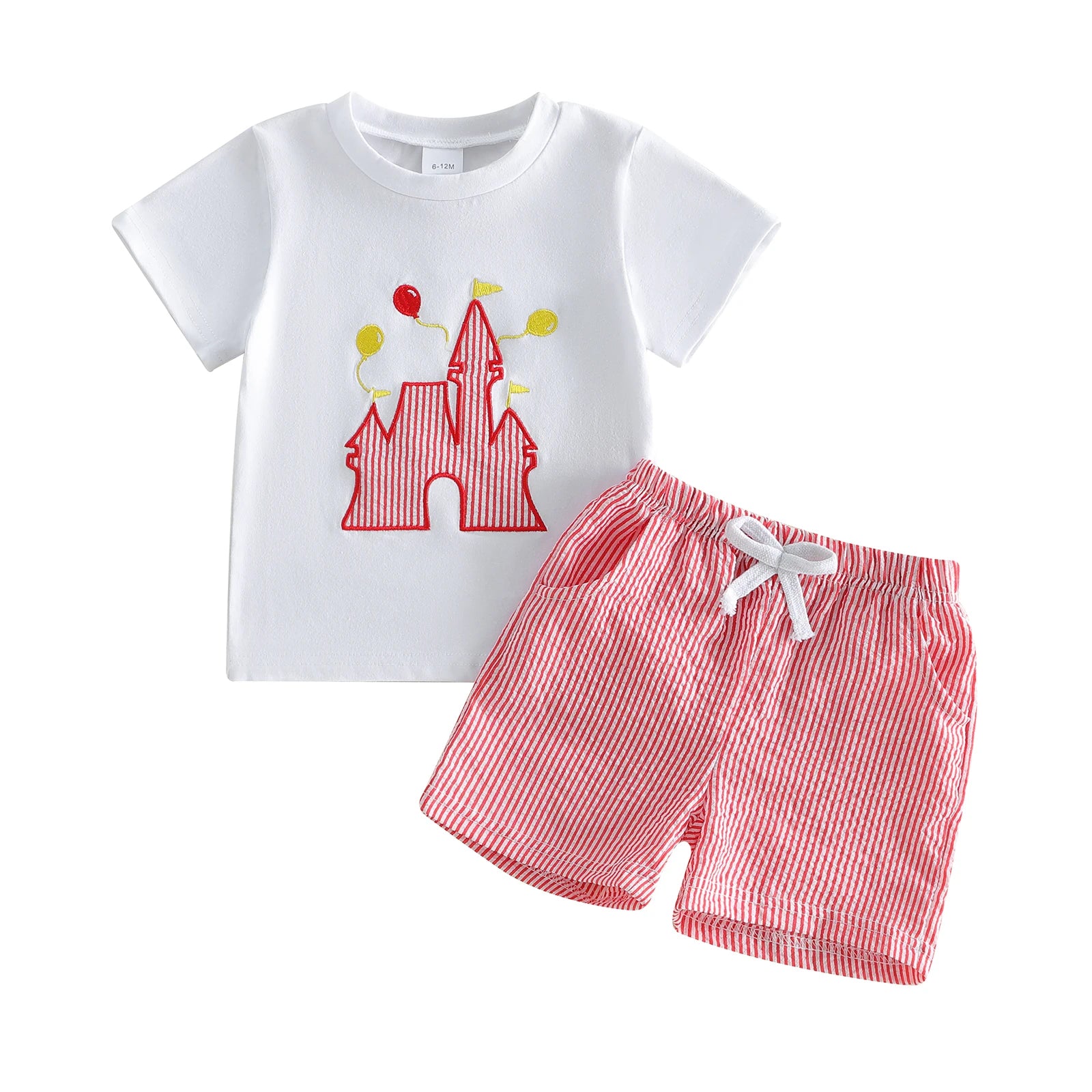 Castle Applique Tee & Striped Shorts Set Red Blue