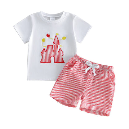 Castle Applique Tee & Striped Shorts Set Red Blue