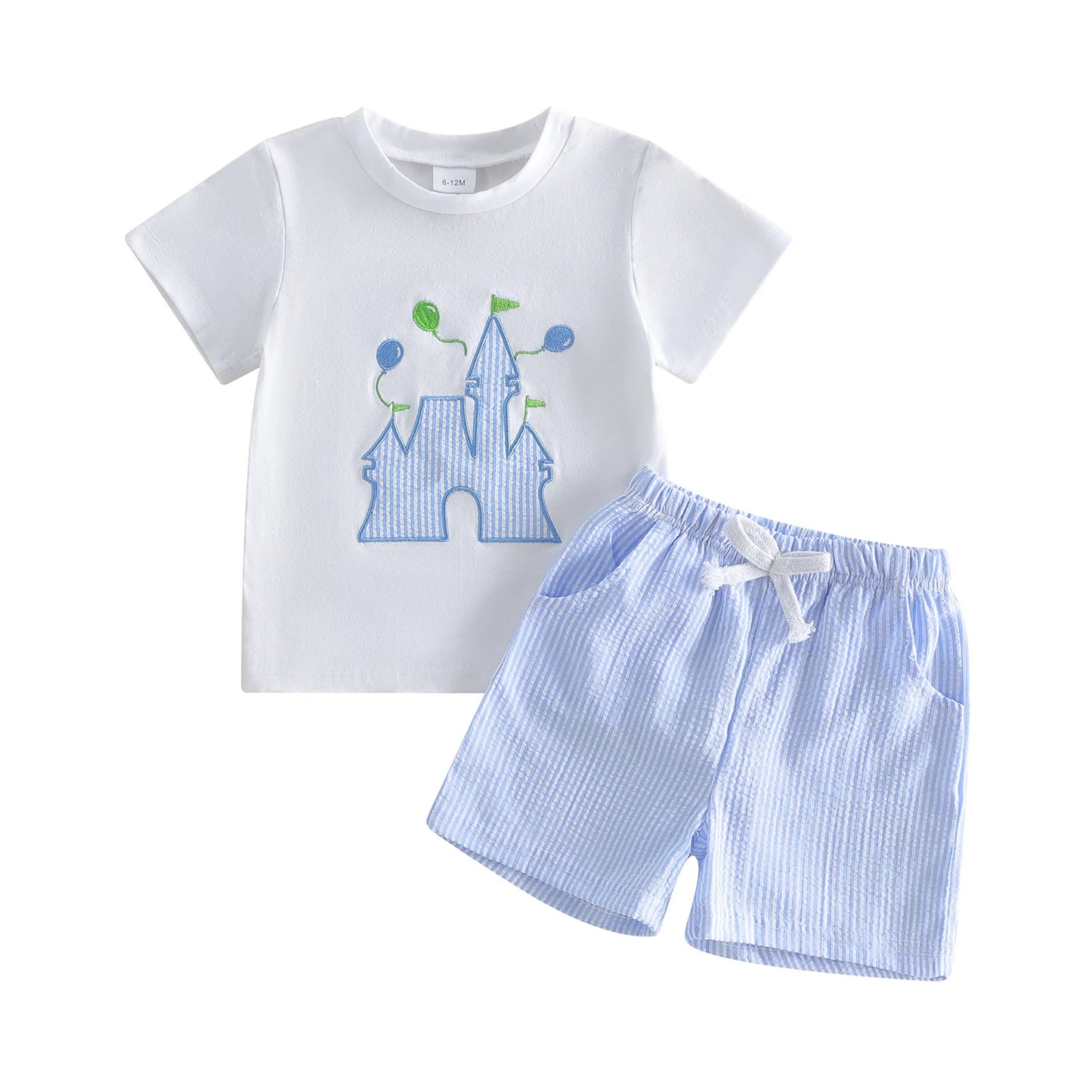 Castle Applique Tee & Striped Shorts Set Red Blue