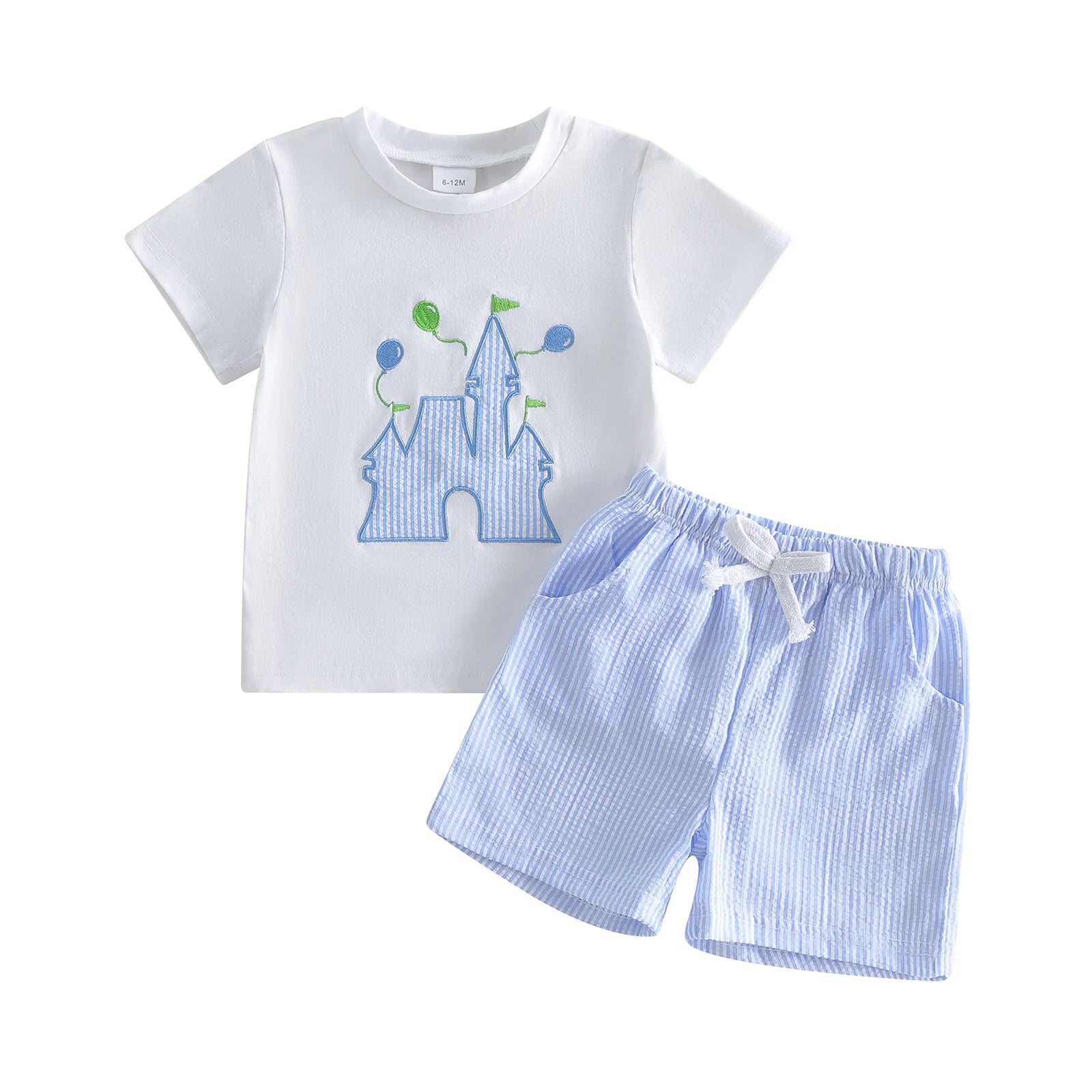 Castle Applique Tee & Striped Shorts Set Red Blue