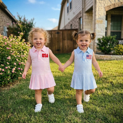 Cotton Striped Polo Dress With USA Flag & Pleated Skirt