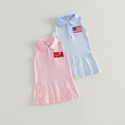 Cotton Striped Polo Dress With USA Flag & Pleated Skirt