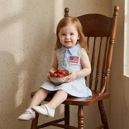 Cotton Striped Polo Dress With USA Flag & Pleated Skirt