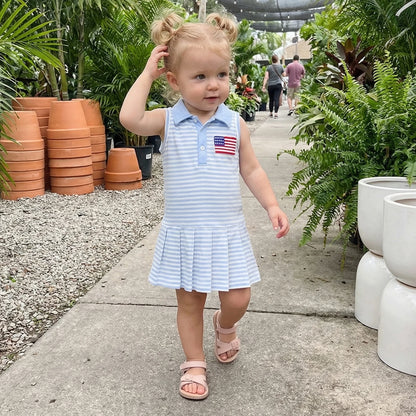 Cotton Striped Polo Dress With USA Flag & Pleated Skirt