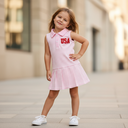 Cotton Striped Polo Dress With USA Flag & Pleated Skirt