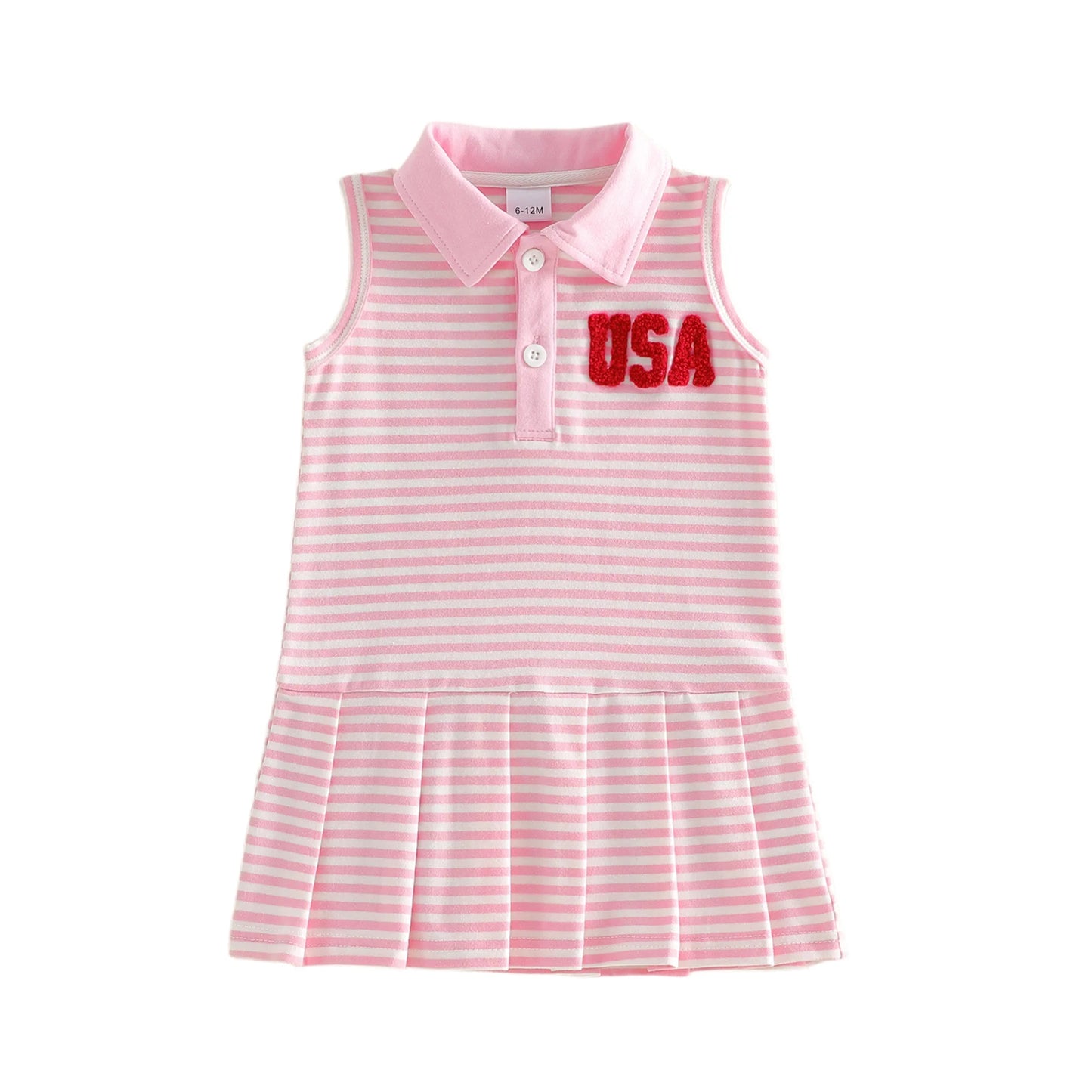 Cotton Striped Polo Dress With USA Flag & Pleated Skirt