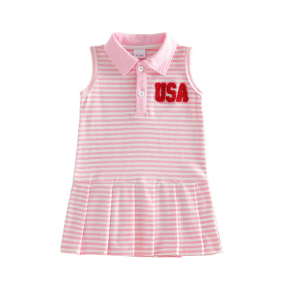 Cotton Striped Polo Dress With USA Flag & Pleated Skirt