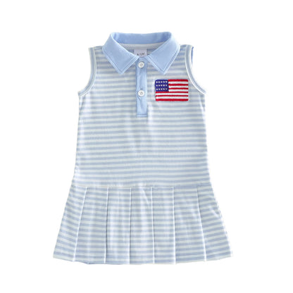 Cotton Striped Polo Dress With USA Flag & Pleated Skirt