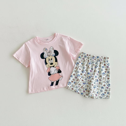 Minnie Mouse Pink Tee & Floral Print Shorts Set