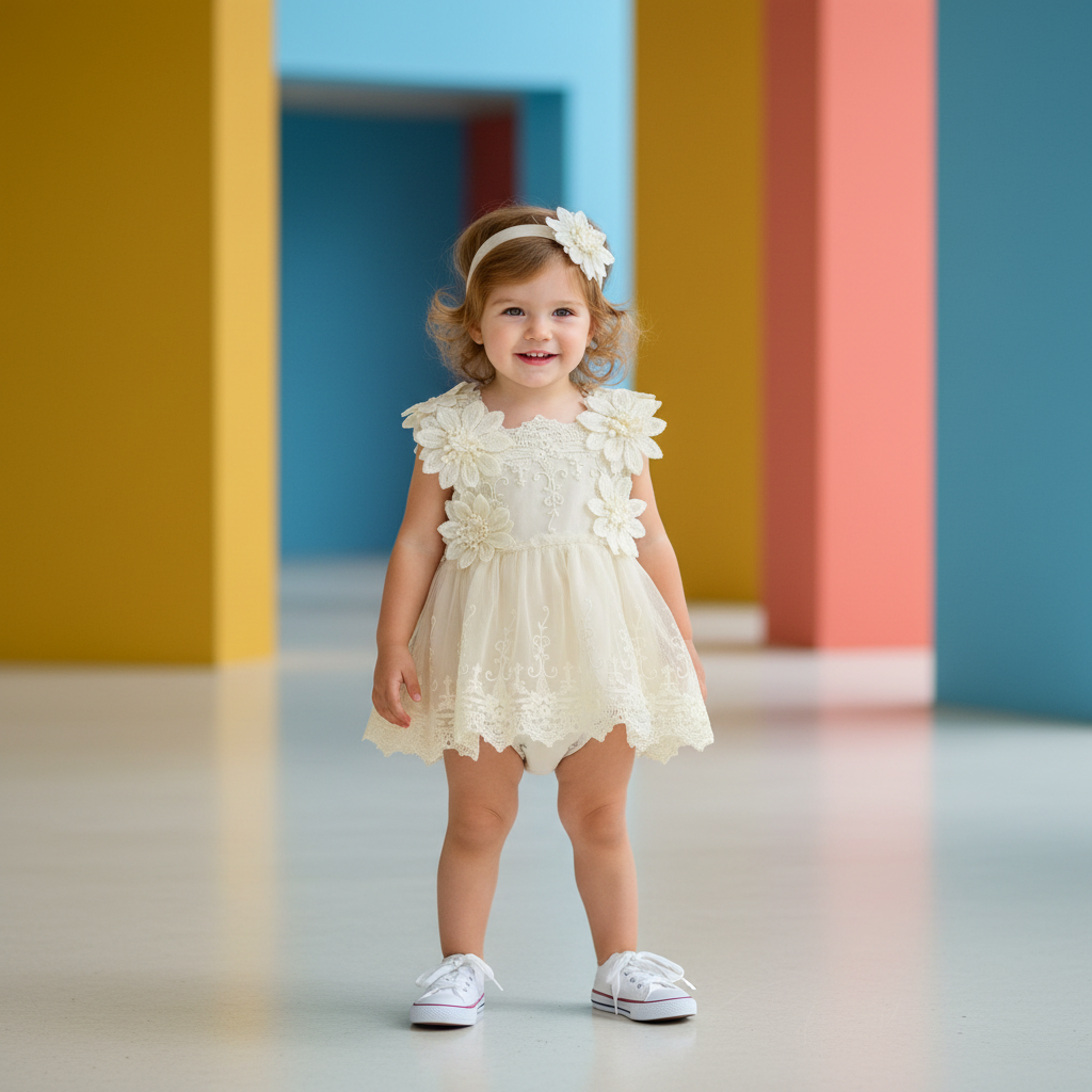 Cotton Lace Floral Dress & Matching Headband Set