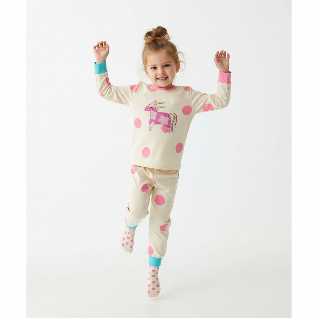 100% Cotton Girls Horse Applique Pyjamas Set - Cotton Sleepwear