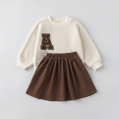 Cozy Sherpa Sweatshirt With Brown Skirt Set