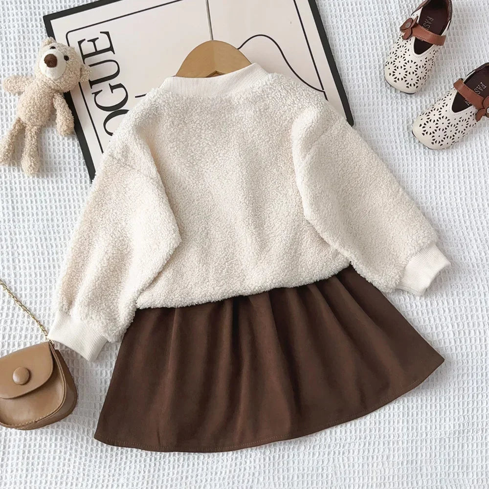 Cozy Sherpa Sweatshirt With Brown Skirt Set