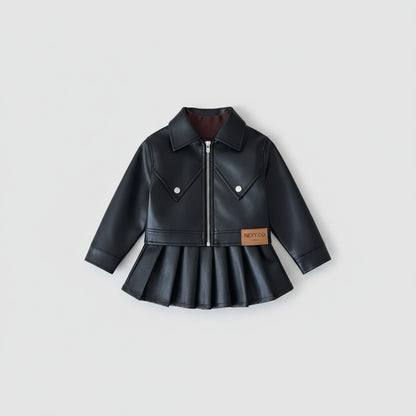 Faux Leather Jacket With Pleated Skirt Dress