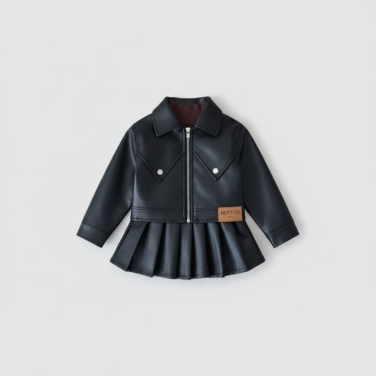 Faux Leather Jacket With Pleated Skirt Dress