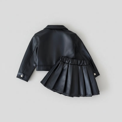 Faux Leather Jacket With Pleated Skirt Dress