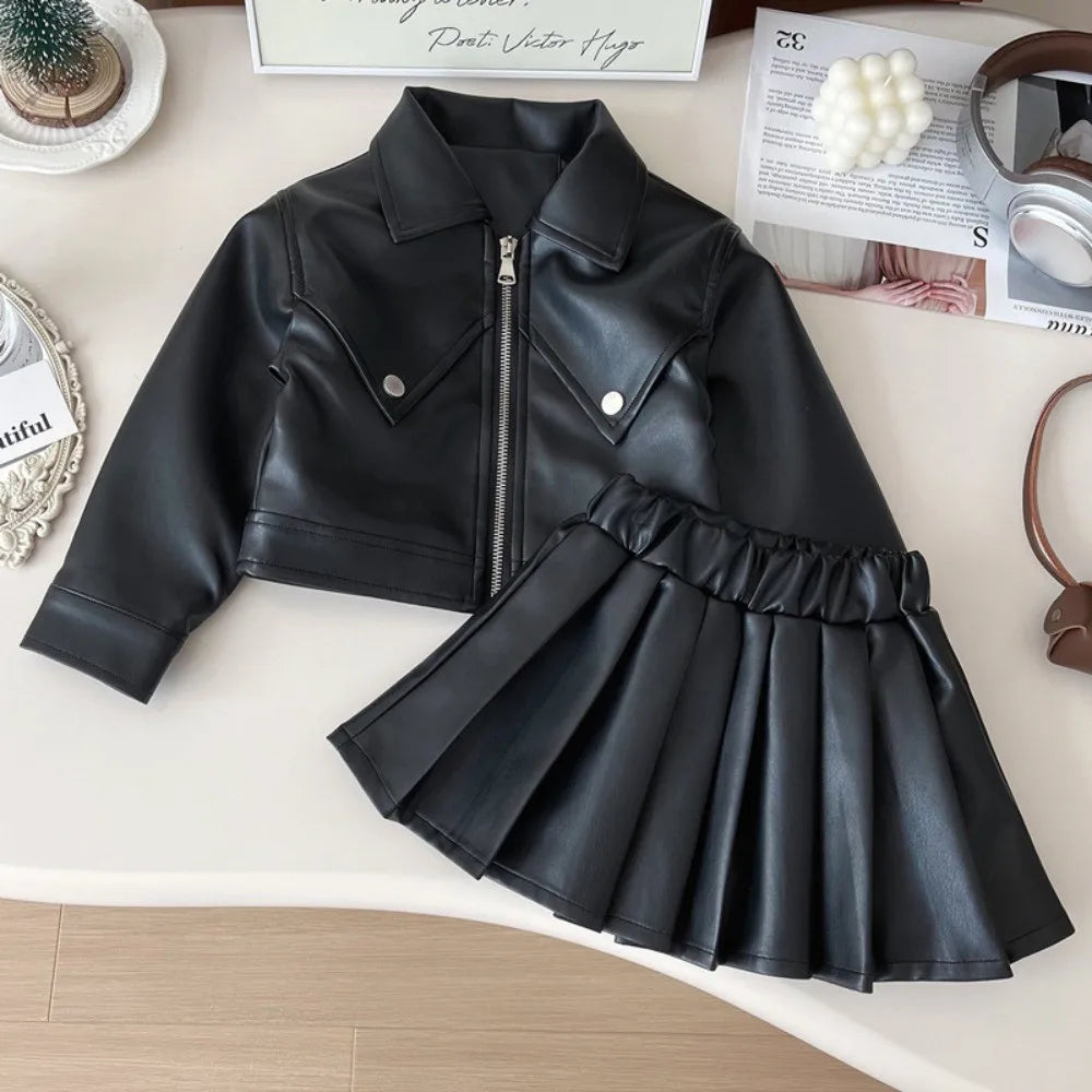Faux Leather Jacket With Pleated Skirt Dress
