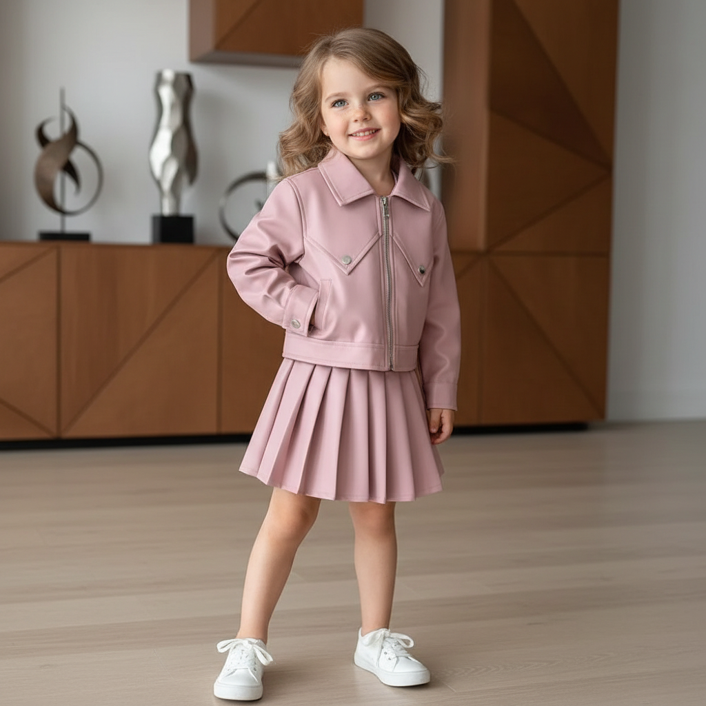 Faux Leather Jacket With Pleated Skirt Dress